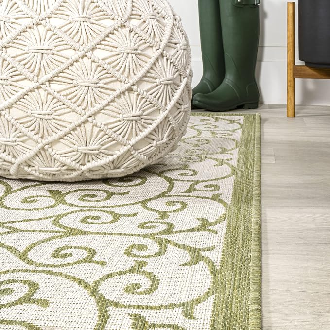 JONATHAN Y Vintage Filigree Indoor Outdoor Round Area Rug 5 Ft Green/Cream - Image 4