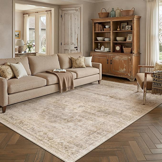 6x9 Washable Neutral Area Rug Beige Vintage Living Room Bedroom Carpet Non-Slip by WondRg