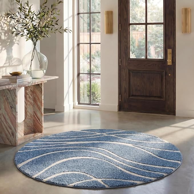 SAFAVIEH Florida Shag Collection 5' Round Light Blue/Cream SG471 Abstract Wave by Unknown