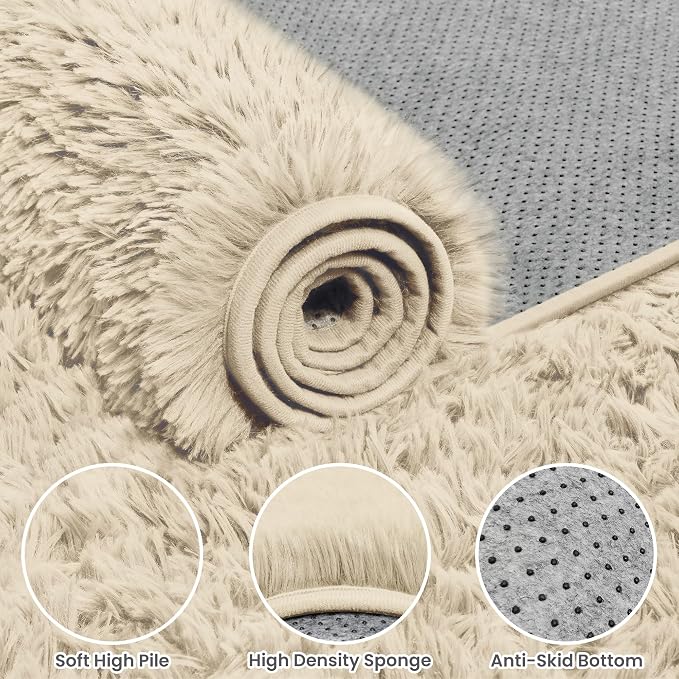 5x8 Area Rugs for Living Room: Soft Fluffy Shag Beige Rugs for Bedroom - Image 6