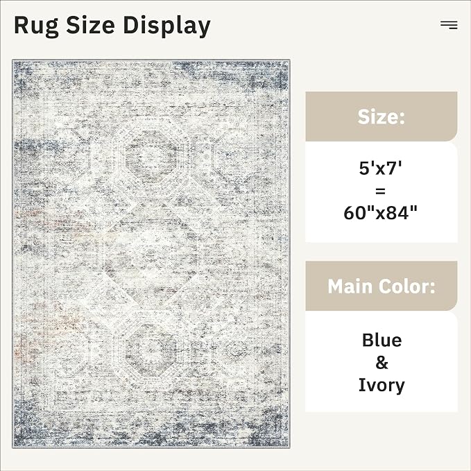 Soalmost 5x7 Area Rugs Blue Ivory Low Pile Indoor Washable Trendy Faded Style - Image 5