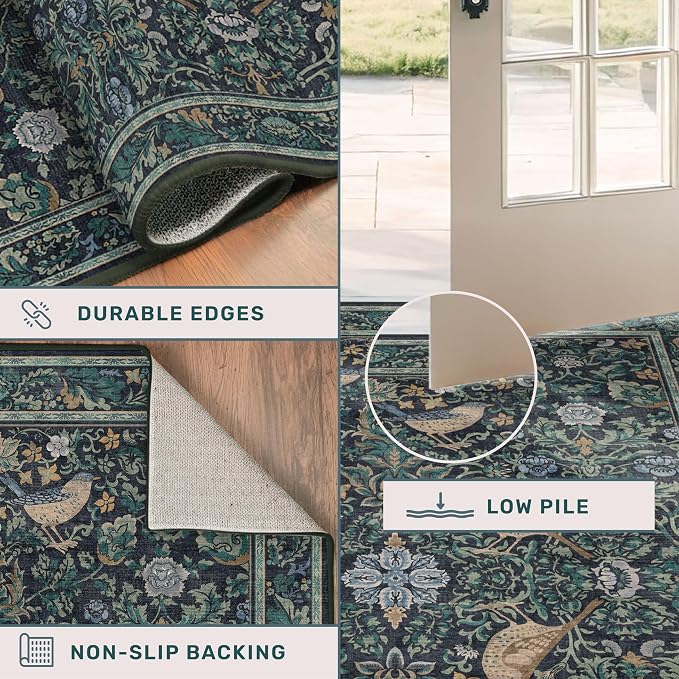 Washable Floral Small 2x3 Dark Blue Entryway Rugs Indoor, Botanical Bird - Image 5