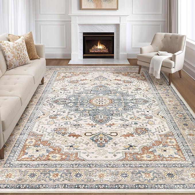8x10 Area Rugs Living Room: Washable Boho Large Neutral Vintage Soft Rug Stain by LOONGRUG