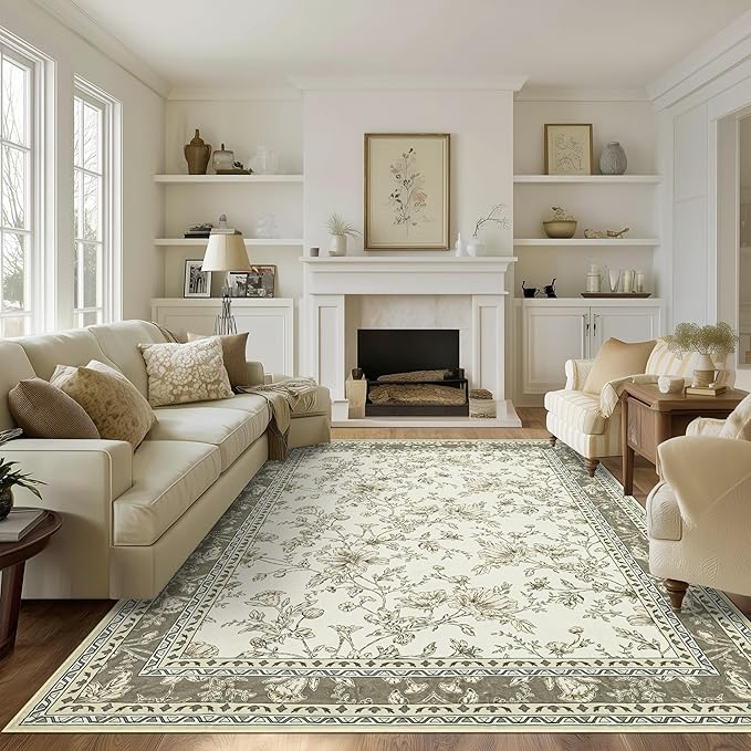 Greyish Beige Floral Rug 5x7 Machine Washable Area Rug by BILEEHOME