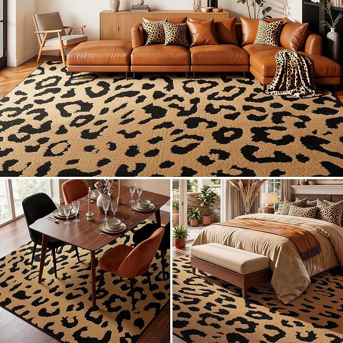 YIHOUSE 8×10 Ft Leopard Area Rugs, Washable High-Low Pile Plush Soft Rug - Image 4