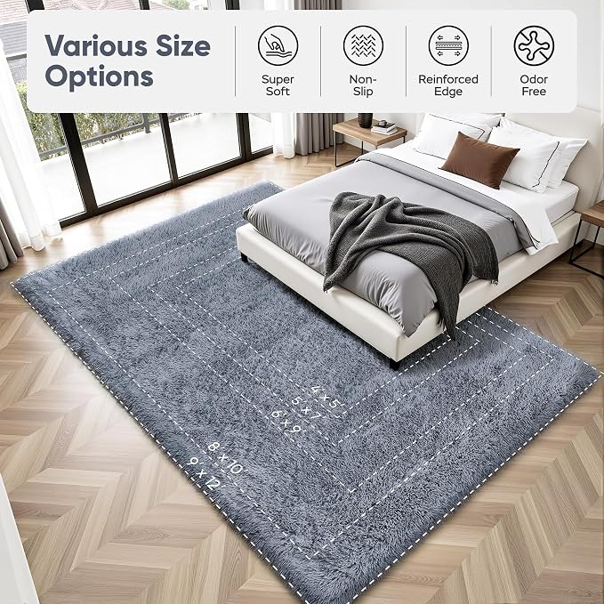 Area Rug for Living Room Bedroom: 8x10 Grey Soft Fluffy Shag Upgrade Non-Slip - Image 9