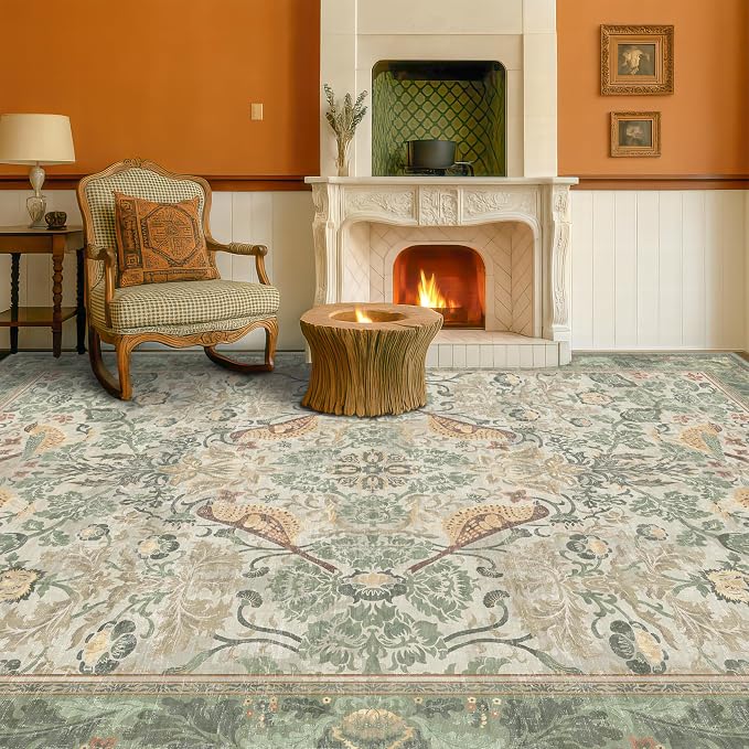 Hazo Haus 5x8 Vintage Sage Green Area Rug, Washable Botanical Bird Pattern Rug - Image 3