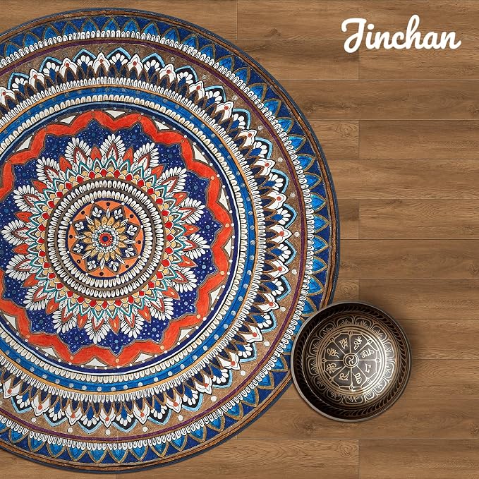 jinchan Mandala Round Rug 8ft Blue Rustic Boho Washable Rug Tribal 8' Round - Image 4