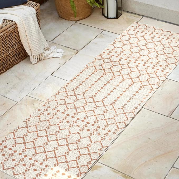 JONATHAN Y Moroccan Geometric Indoor Outdoor Runner Rug 2X8 Cream/Orange - Image 3