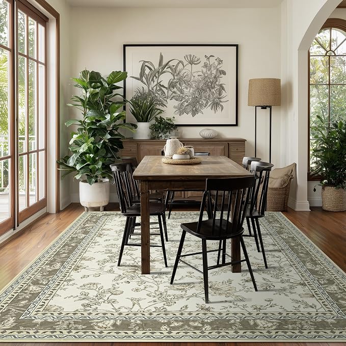 Greyish Beige Floral Rug 5x7 Machine Washable Area Rug - Image 6