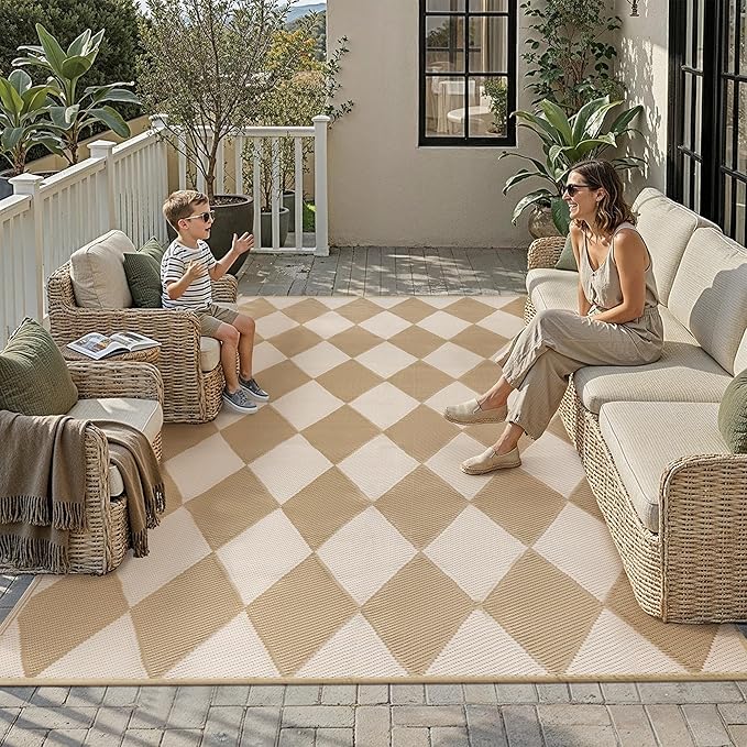 Outdoor Plastic Checkered Rug Waterproof Patio 8x10 Beige Brown Diamond - Image 2
