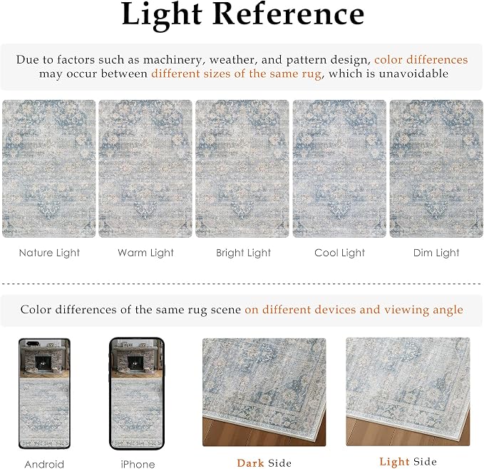 5x7 Washable Neutral Area Rug Blue Vintage Living Room Bedroom Carpet Non-Slip - Image 8