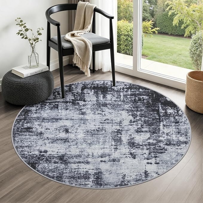Round Area Rug for Living Room: 4 ft Washable Modern Abstract Soft Thin Rug by FXRHLP