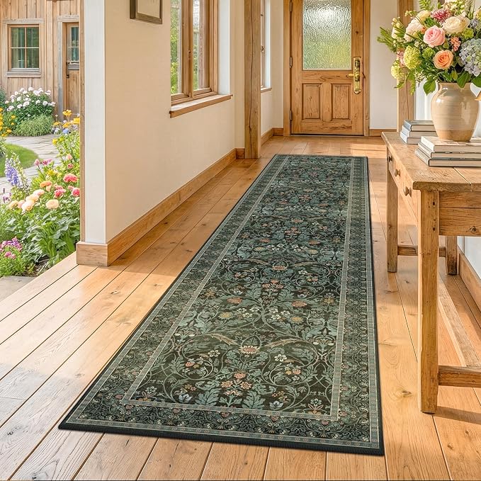 2x10 Long Hallwag Runner Rug 10ft, Washable Dark Green Indoor Floor Mats by Evyhood