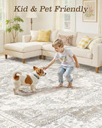 8ft Round Area Rug: Washable Vintage Neutral Soft Non Slip Thin Large Floor - Image 7