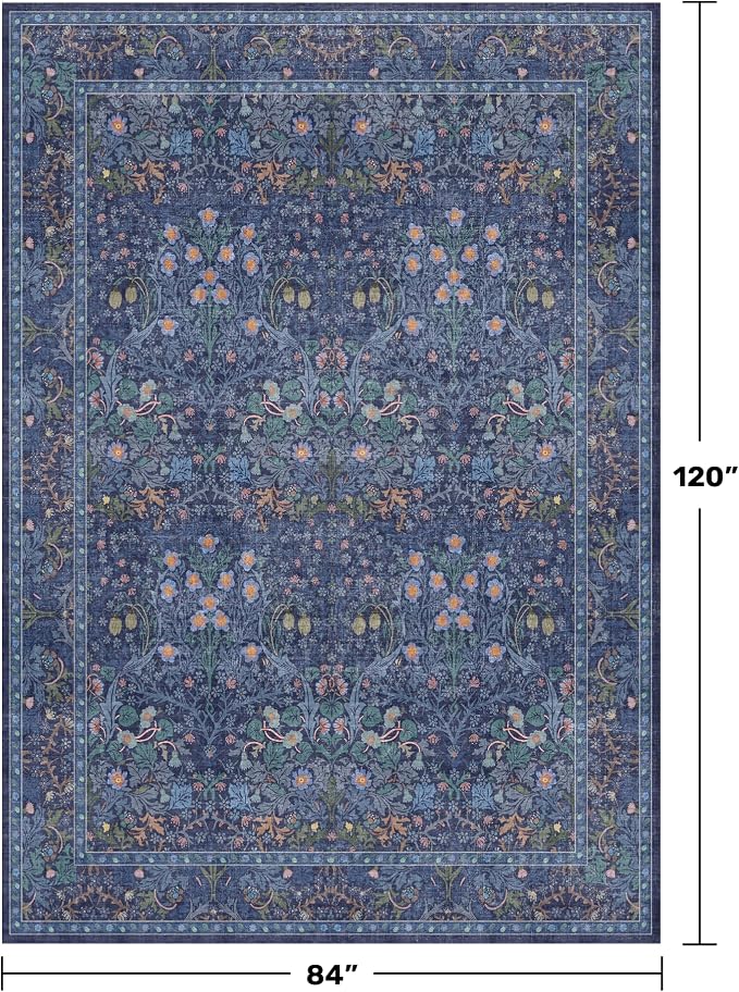 Hazo Haus Vintage Dark Blue Living Room Rug, 7x10 Washable Large Area Rugs - Image 2