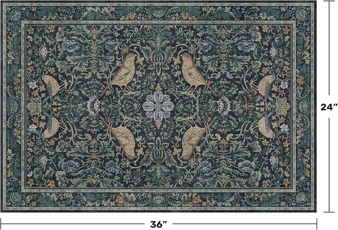 Washable Floral Small 2x3 Dark Blue Entryway Rugs Indoor, Botanical Bird - Image 2