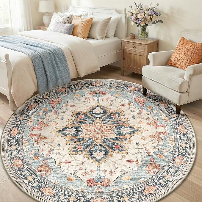 RELEANY Area Rugs Round 6ft Washable Non-Slip, Floral Vintage Distress - Image 3