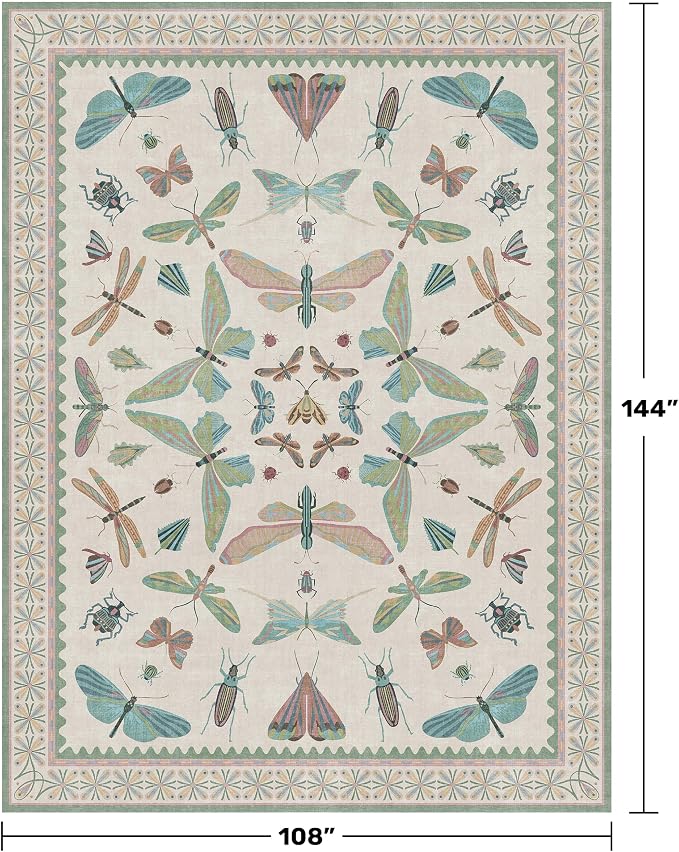 Green Butterfly Area Rug 9x12 for Living Room, Washable Floral Rug for Girls - Image 2