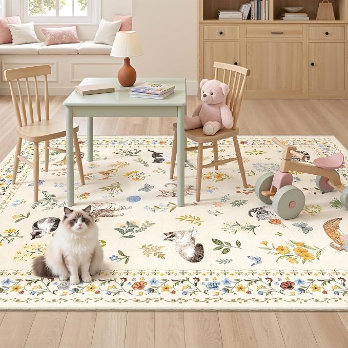 Soalmost Cat 4x6 Area Rugs, Machine Washable Animal Floral Accent Rug Non-Slip - Image 2
