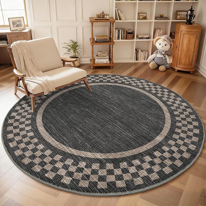 4ft Washable Round Rug for Entryway Modern Checkered Bedroom Circle Rug Non - Image 8