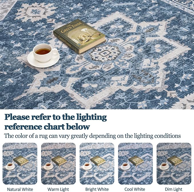 6x9 Area Rugs for Living Room:Blue Washable Vintage Medallion Boho Rug Non-Slip - Image 9