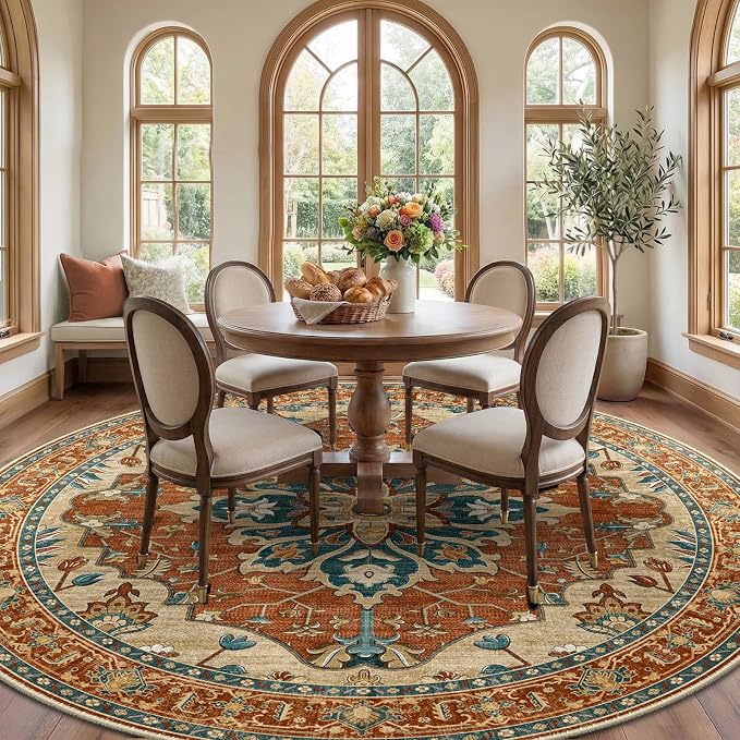 RELEANY Area Rugs Round 10ft Washable Non-Slip, Floral Vintage Distress - Image 3