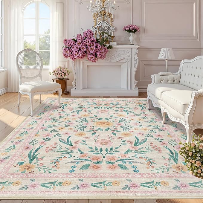 8x10 Pink Floral Area Rug, Large Washable Living Room Carpet by Dadasgk