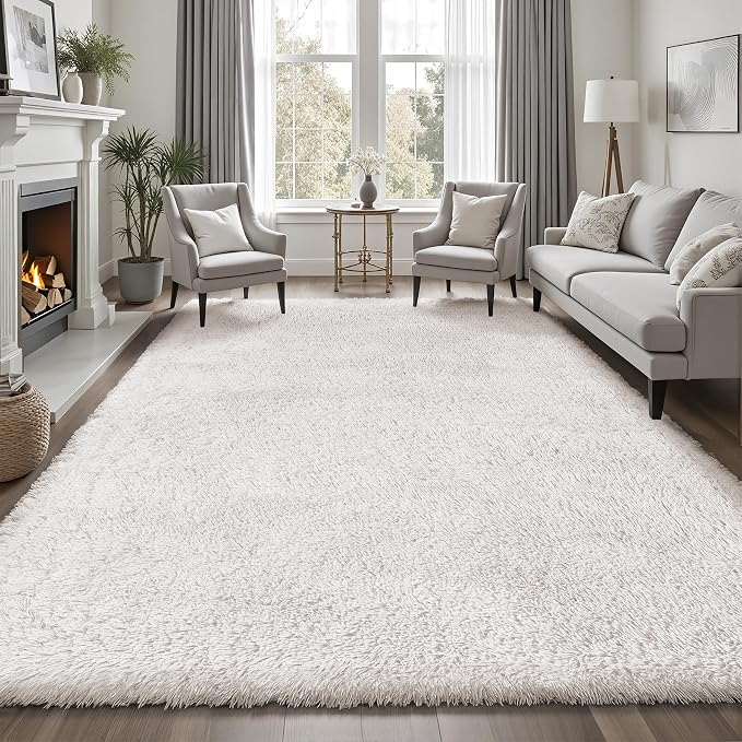 8x10 Area Rugs for Living Room Bedroom: White Soft Fluffy Shag Upgrade Non-Slip - Image 3