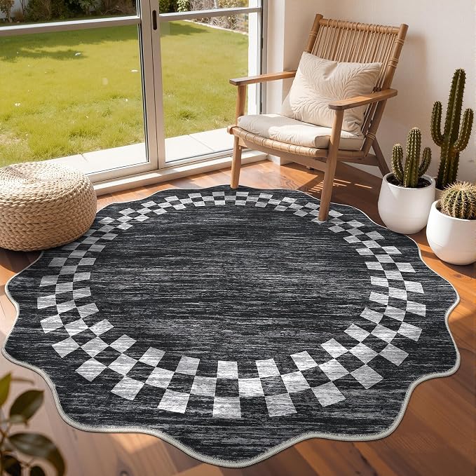 GarveeHome Scalloped Round Rug 4ft Modern Solid Color Circle Rugs Non Slip Low by GarveeHome