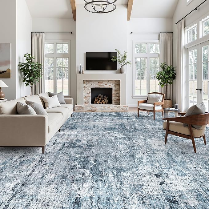 Soalmost 12x15 Washable Area Rug Blue/Grey Neutral Abstract Living Room Large - Image 4