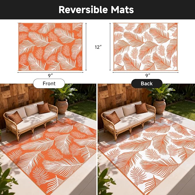 Pauwer Waterproof Outdoor Rug 9x12, Reversible Plastic Straw Patio Camping Rug - Image 2