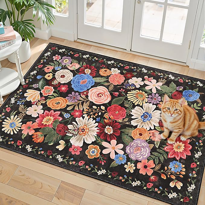 Espresso Floral Rug for Entryway, 2x3 Washable Kitchen Mat Ultra-Thin Soft by WelcometoBabovid