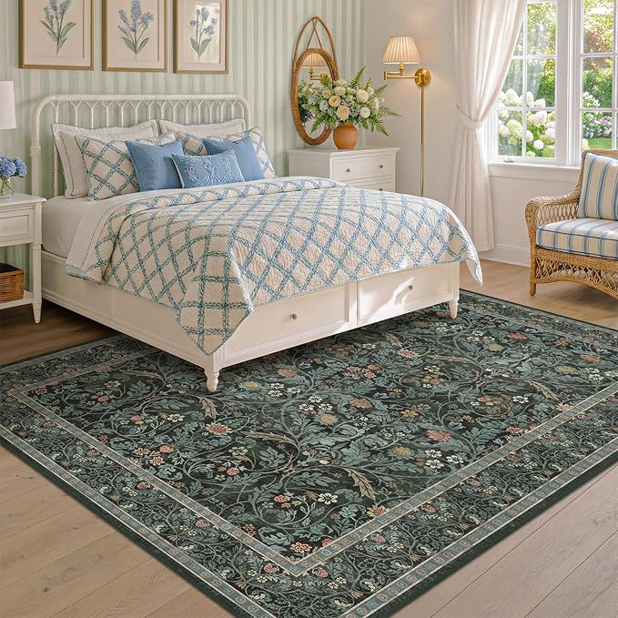 Dusty Teal Area Rug for Living Room, Floral Washable Rugs 5x7 for Bedroom - Image 9