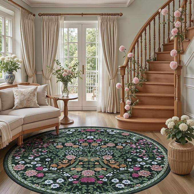 Round Area Rug for Living Room: 8 ft Floral Washable Circle Rug Soft Boho - Image 5