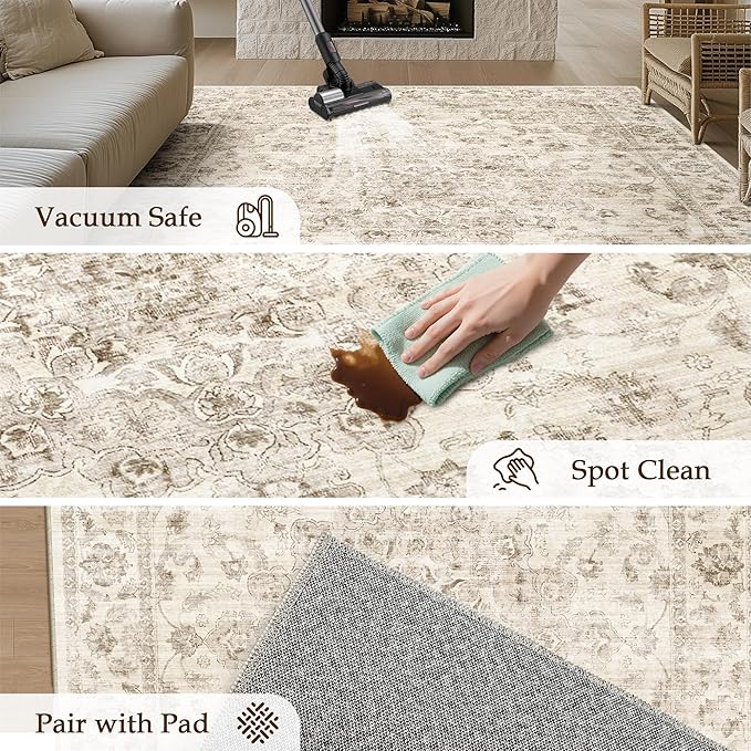 6x9 Washable Neutral Area Rug Beige Vintage Living Room Bedroom Carpet Non-Slip - Image 6