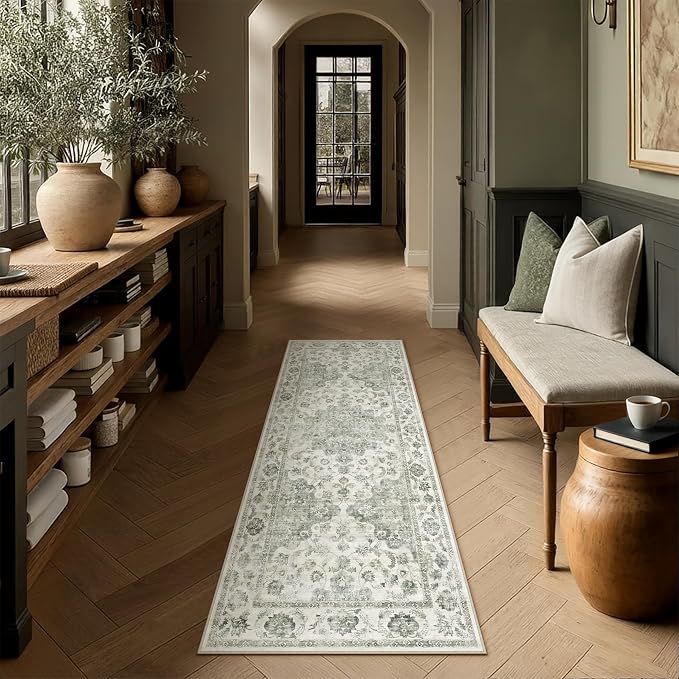 Neutral Kitchen Rug Set of 3 Washable Green Vintage Kitchen Mats - Image 2