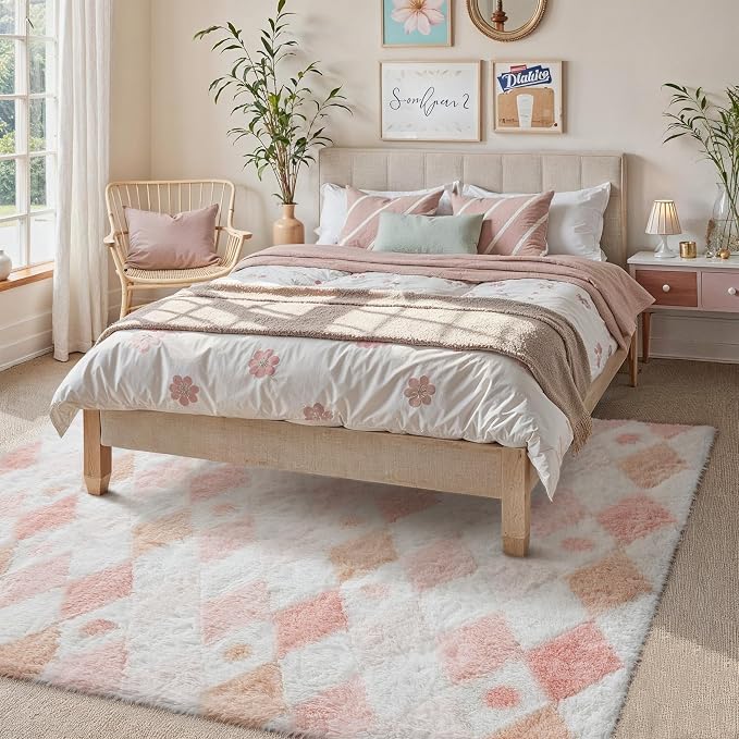 PureCozy Checkered Rug 6x9 Fluffy Shag Living Room Pink Area Rug Modern - Image 3