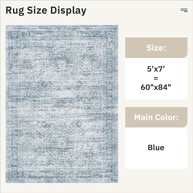 Soalmost 5x7 Area Rugs Blue Low Pile Indoor Washable Trendy Faded Style Rugs - Image 3