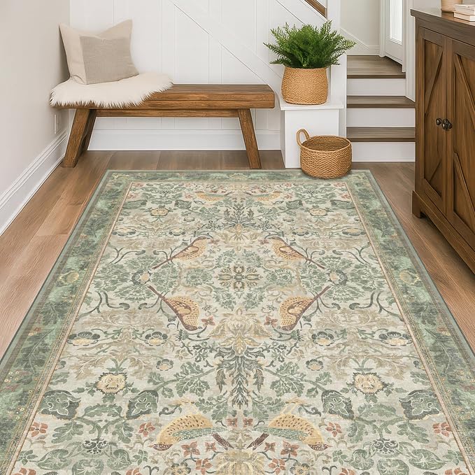 Hazo Haus 5x8 Vintage Sage Green Area Rug, Washable Botanical Bird Pattern Rug - Image 8