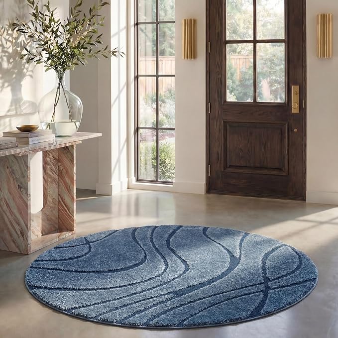 SAFAVIEH Florida Shag Collection 5' Round Light Blue / Blue SG471 Abstract Wave by Unknown