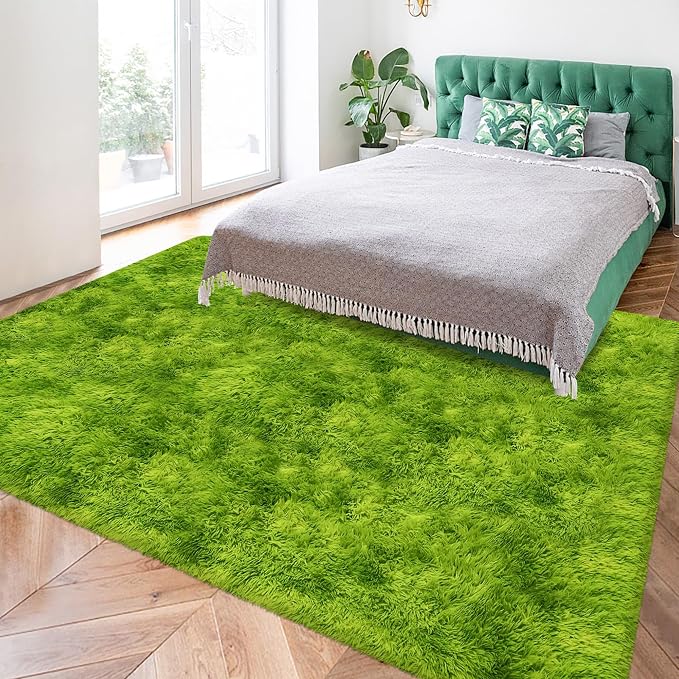 Tie Dyed Grass Green Shag Rug 5x8, Soft Plush Green Fluffy Rug Large Fuzzy Area - Image 6