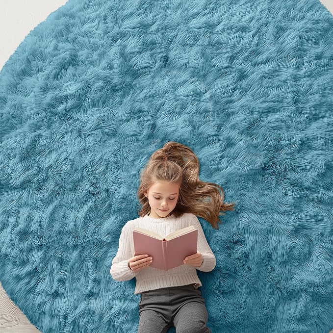 OLANLY Slate Blue Round Rugs for Bedroom by OLANLY