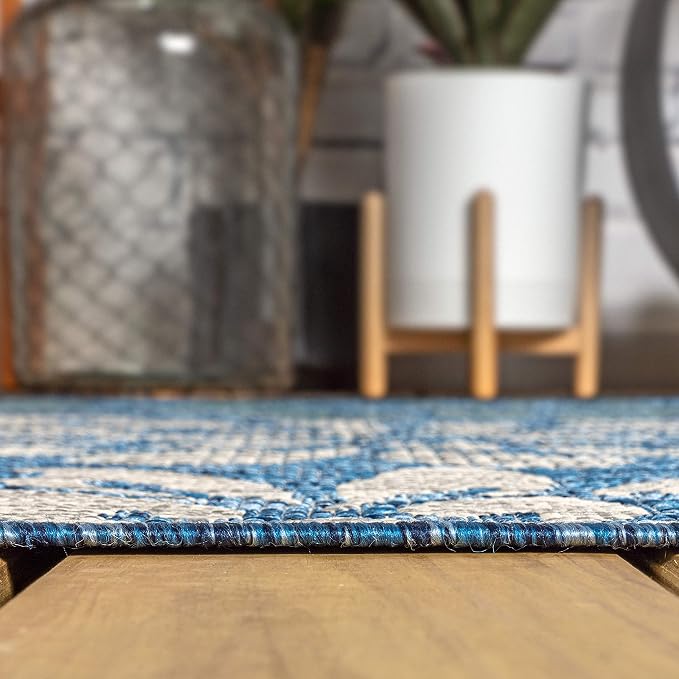 JONATHAN Y Floral Textured Weave Indoor Outdoor Square Area Rug 6X6 Navy/Aqua - Image 8