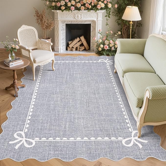 GarveeHome Scalloped Bow Rug for Living Room, Solid Grey Rug for Dorm, Washable by GarveeHome