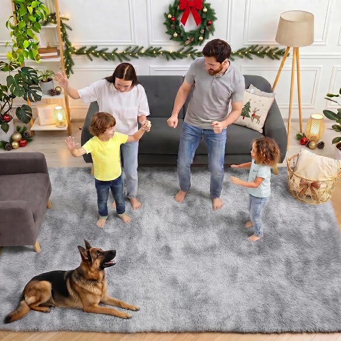 ONASAR 6x9 Area Rugs for Living Room, Large Tie-Dyed Light Grey Fluffy Shag Rug - Image 4