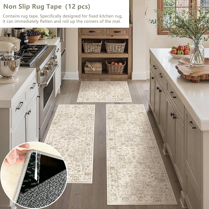 Neutral Kitchen Rug Set of 3 Washable Beige Vintage Kitchen Mats - Image 6
