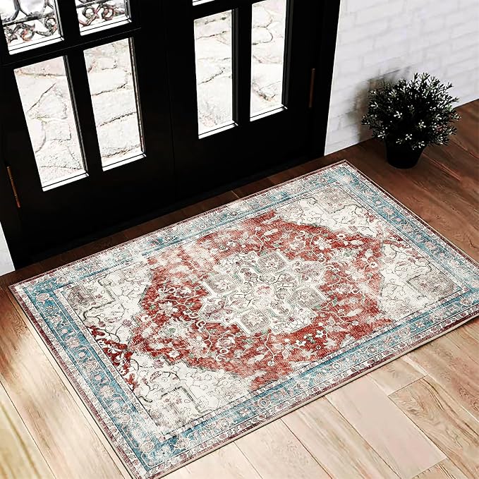 CHAMPLANT Red Blue 2'x3' Washable Area Rugs Door Mat Vintage Distressed Doormat by CHAMPLANT