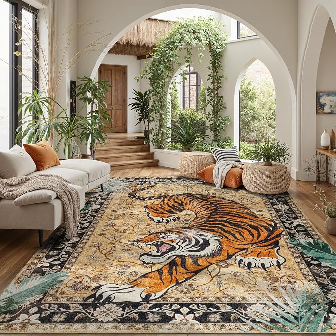 DCX Washable 9x12 Tiger Area Rug, Soft Low Pile Carpet, Kid & Pet Friendly - Image 4