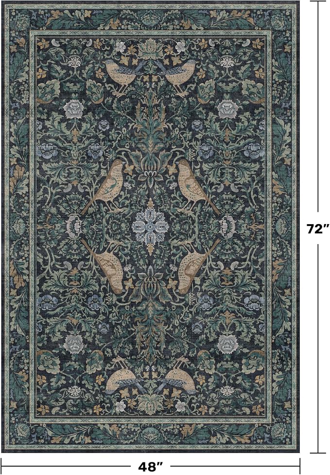 Vintage 4x6 Washable Entryway Rug, Non-Slip Low Pile Stain Resistant Carpet - Image 2